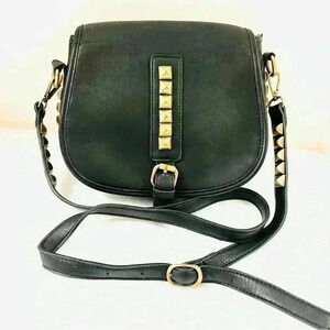 MMS Black Faux Leather w/ Gold Studded Hardware Adjustable Strap Crossbody Bag